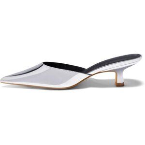 🆕 Women Silver Faux Leather Kitten Low Heels Mules Closed Toe Pumps Slip